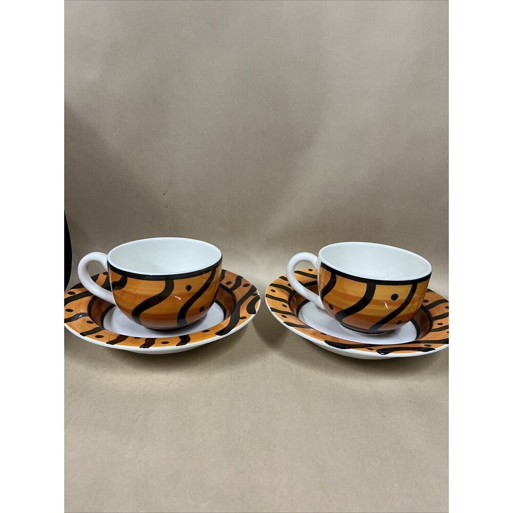 Set of 4 Pier 1 Hand Painted ITALY Orange Black Soup Bowls & Extra Big Mugs